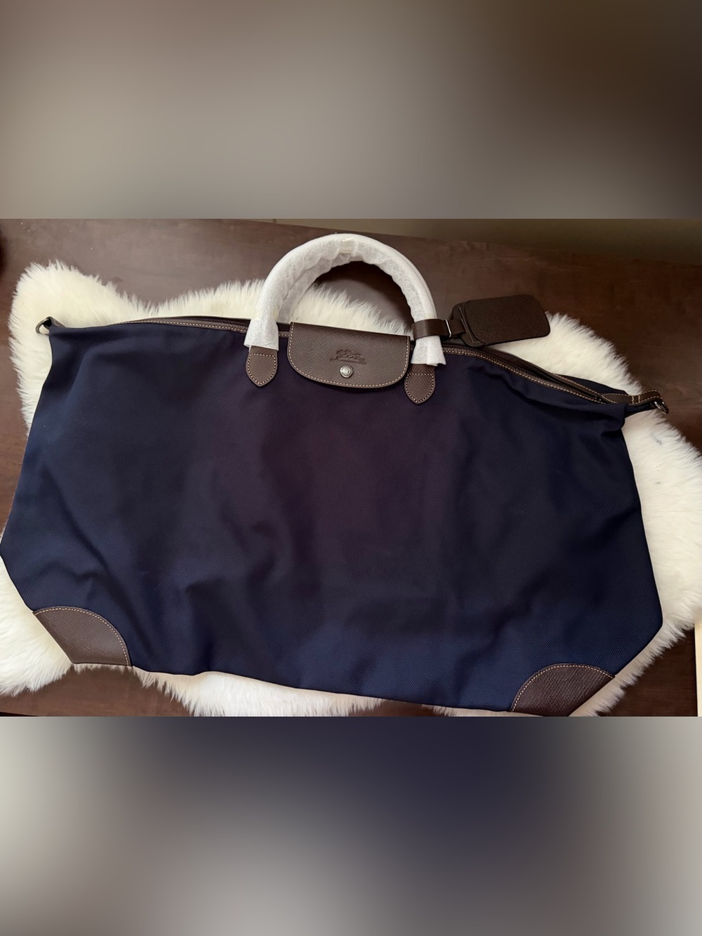 New! Longchamp Navy Duffel with Brown Leather Trim